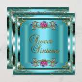 Sweet sixteen16誕生日ティール（緑がかった色）ブルー金ゴールドフローラ 招待状 (正面/裏面)