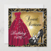 Sweet sixteen16誕生日パーティレッド金ゴールドドレス 招待状 (正面)