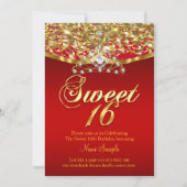 Sweet sixteen16誕生日パーティーグリッター赤金ゴールド 招待状 (正面)