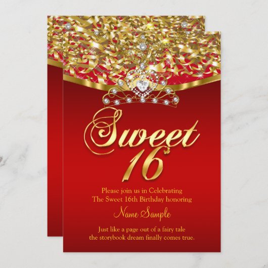 Sweet sixteen16誕生日パーティーグリッター赤金ゴールド 招待状 (正面/裏面)