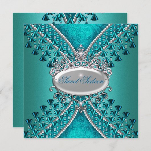 Sweet sixteen16誕生日パーティーティール(緑がかった色)ブルービーズ 招待状 (正面/裏面)