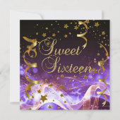Sweet sixteen16誕生日パーティーパープル金ゴールドスター 招待状 (正面)