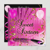 Sweet sixteen16誕生日パーティーピンクスターズ 招待状 (正面/裏面)