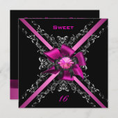 Sweet sixteen16誕生日パーティーピンクブラックシルバー 招待状 (正面/裏面)