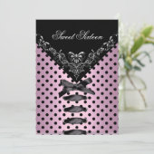 Sweet sixteen16誕生日パーティーピンクブラックスポット3 招待状 (スタンド正面)