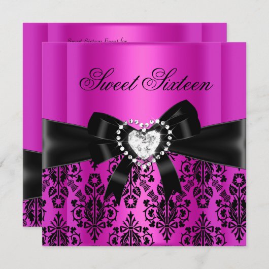 Sweet sixteen16誕生日パーティーピンクブラックダマスク 招待状 (正面/裏面)