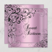 Sweet sixteen16誕生日パーティーピンクブラックフローラ 招待状 (正面/裏面)