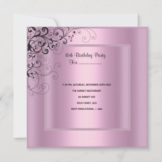 Sweet sixteen16誕生日パーティーピンクブラックフローラ 招待状 (裏面)