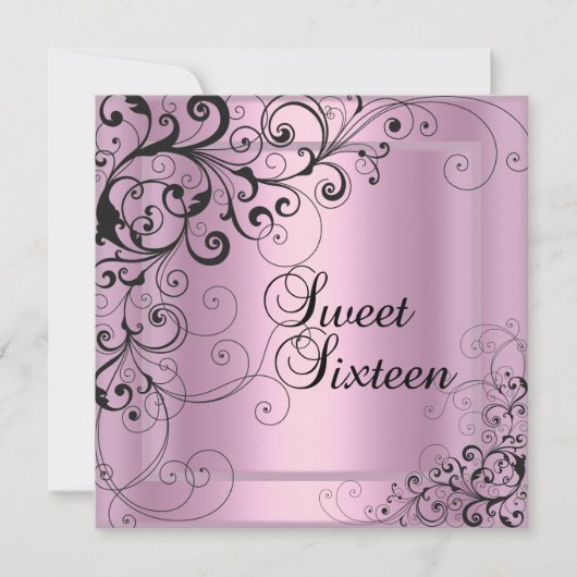 Sweet sixteen16誕生日パーティーピンクブラックフローラ 招待状 (正面)