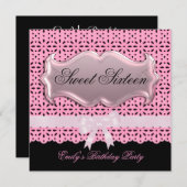 Sweet sixteen16誕生日パーティーピンクレースブラック 招待状 (正面/裏面)