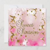 Sweet sixteen16誕生日パーティーピンク金ゴールドスター 招待状 (正面)