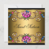 Sweet sixteen16誕生日パーティーブラック金ゴールドピンク 招待状 (正面)