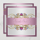 Sweet sixteen16誕生日ピかわいらしンクフローラ 招待状 (正面/裏面)