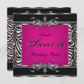 Sweet sixteen16誕生日ピンクゼブラブラックシルバー 招待状 (正面/裏面)