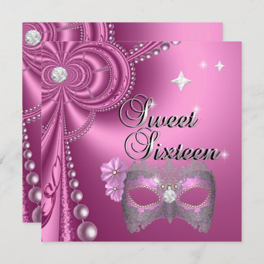 Sweet sixteen16誕生日ピンクダイヤモンドマスクシルバー 招待状 (正面/裏面)