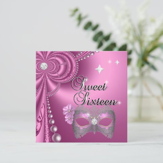 Sweet sixteen16誕生日ピンクダイヤモンドマスクシルバー 招待状 (スタンド正面)