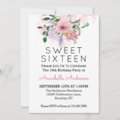 Sweet sixteen16誕生日ピンクフローラ水彩 招待状 (正面)