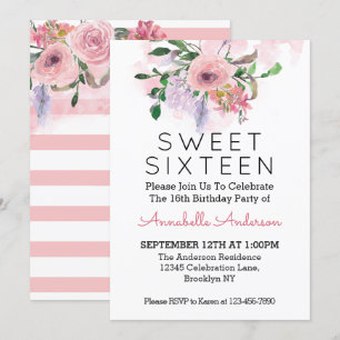 Sweet sixteen16誕生日ピンクフローラ水彩 招待状