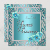 Sweet sixteen16誕生日ブルーフラワーブルーシルバー 招待状 (正面/裏面)