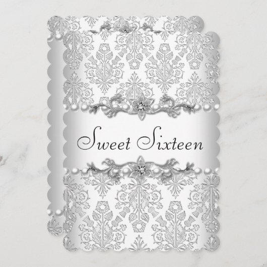 Sweet sixteen16誕生日ホワイトパール3 招待状 (正面/裏面)