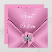 Sweet sixteen16thバースデーパーティーかわいらしピンクボウ 招待状 (正面/裏面)