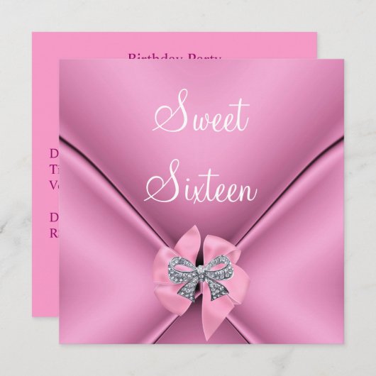 Sweet sixteen16thバースデーパーティーかわいらしピンクボウ 招待状 (正面/裏面)