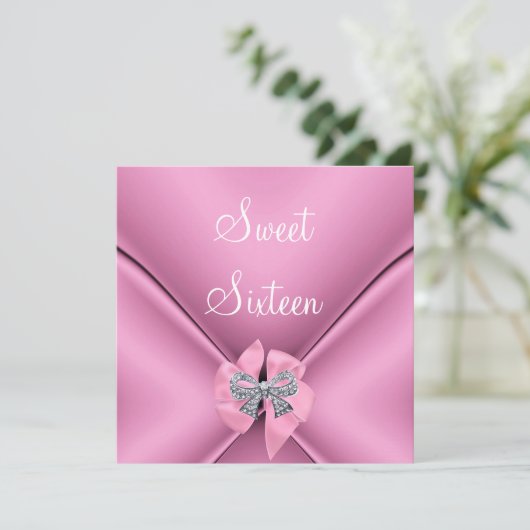 Sweet sixteen16thバースデーパーティーかわいらしピンクボウ 招待状 (スタンド正面)