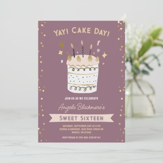 Sweet sixteen16th女の子の誕生日パーティーダスティピンク 招待状 (スタンド正面)