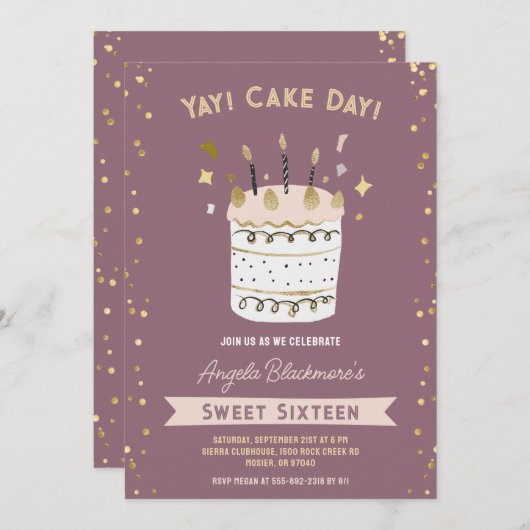 Sweet sixteen16th女の子の誕生日パーティーダスティピンク 招待状 (正面/裏面)