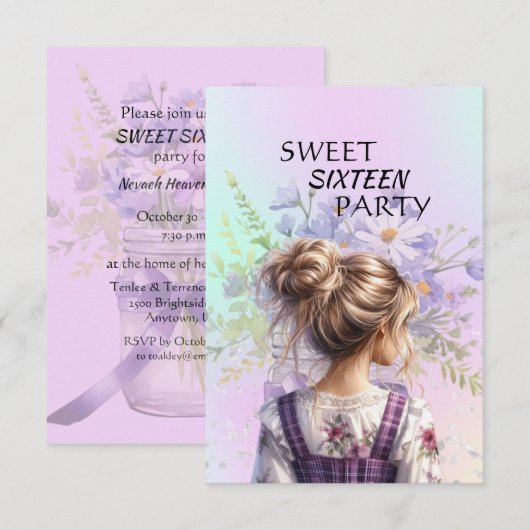 Sweet Sixteen お誕生日お祝いパーティーのご招待状(娘様用) 招待状 (正面/裏面)