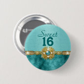 "sweet sixteen"のティール(緑がかった色)の金ゴールド16の誕生日 缶バッジ (正面&裏面)