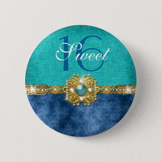 "sweet sixteen"のティール(緑がかった色)の青16の誕生日 缶バッジ (正面)