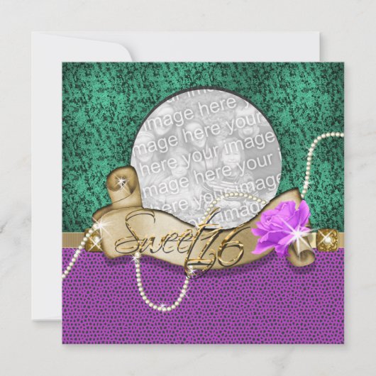 「sweet sixteen」の紫きらきら光るの緑の16歳の誕生日 招待状 (正面)