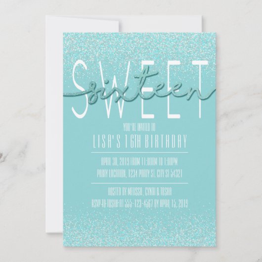 Sweet sixteen、アクアグリッター誕生日招待状 招待状 (正面)
