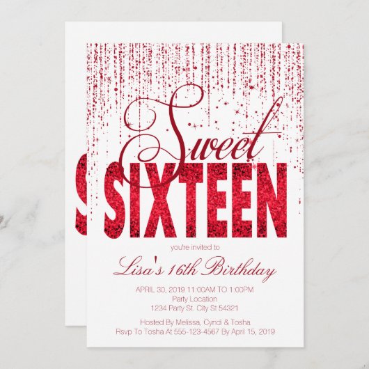 Sweet sixteen、グラムレッドグリッター招待状 招待状 (正面/裏面)