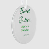 Sweet Sixteen グリーン 名前入り 日付入り カリグラフィー ボヘミアン オーナメント (正面)