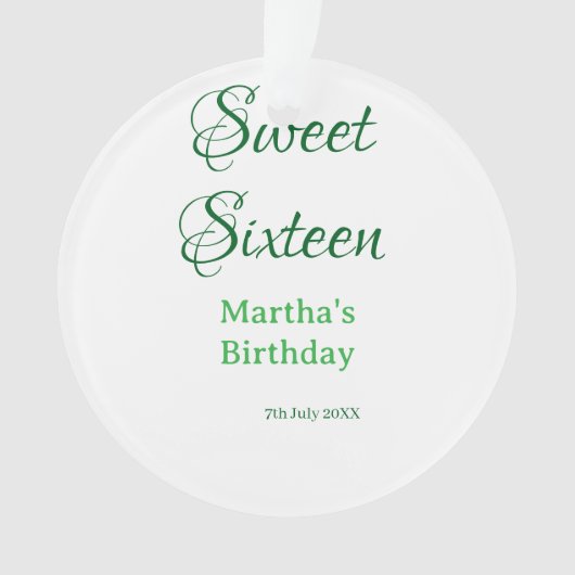 Sweet Sixteen グリーン 名前入り 日付入り カリグラフィー ボヘミアン オーナメント (正面)