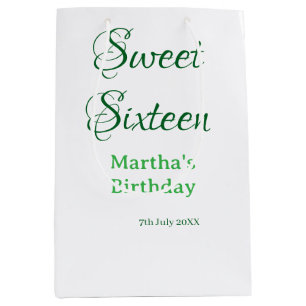 Sweet Sixteen グリーン 名前入り 日付入り カリグラフィー ボヘミアン ミディアムペーパーバッグ