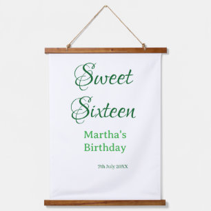 Sweet Sixteen グリーン 名前入り 日付入り カリグラフィー ボヘミアン 吊り下げ型タペストリー
