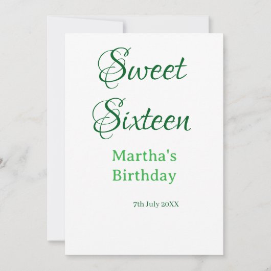 Sweet Sixteen グリーン 名前入り 日付入り カリグラフィー ボヘミアン 招待状 (正面)
