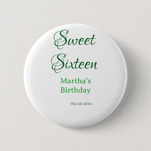 Sweet Sixteen グリーン 名前入り 日付入り カリグラフィー ボヘミアン 缶バッジ (正面)