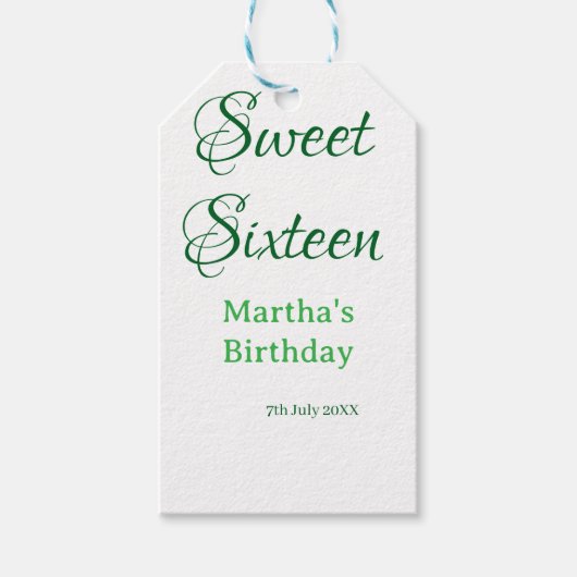 Sweet Sixteen グリーン 名前入り 日付入り カリグラフィー ボホー ギフトタグ (正面)