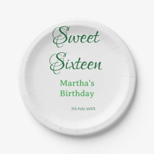 Sweet Sixteen グリーン 名前入り 日付入り カリグラフィー ボホー スイートシックステ ペーパープレート