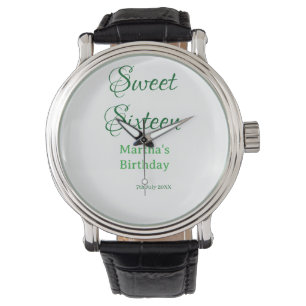 Sweet Sixteen グリーン 名前入り 日付入り カリグラフィー ボホー スイートシックステ 腕時計