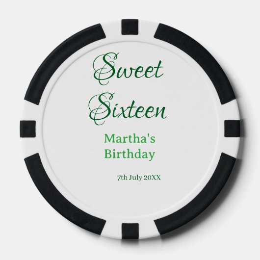 Sweet Sixteen グリーン 名前入り 日付入り カリグラフィー ボホー スタイル ポーカーチップ (正面)