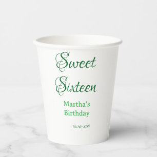 Sweet Sixteen グリーン 名前入り 日付入り カリグラフィー ボホー レトロ 紙コップ