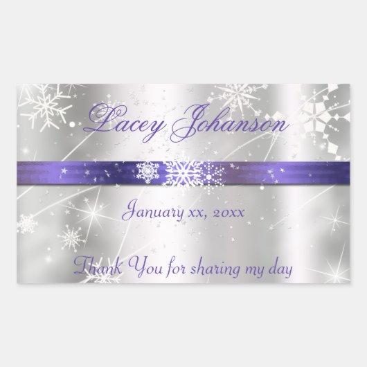 Sweet sixteen、シルバーおよびパープル水/ワインボトル 長方形シール (正面)