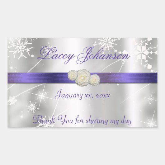 Sweet sixteen、シルバーおよびパープル水/ワインボトル 長方形シール (正面)