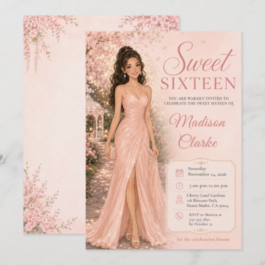 Sweet Sixteen ピンクの桜 招待状 (正面/裏面)