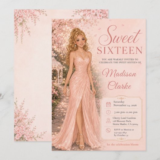 Sweet Sixteen ピンクの桜 招待状 (正面/裏面)